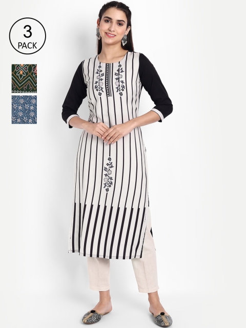 

Ethnic basket Women Pack of 3 Ethnic Motifs Printed Crepe Kurta, White