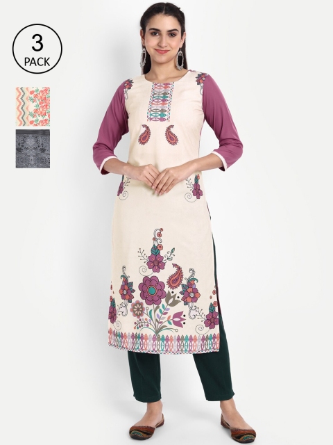

Ethnic basket Women Pack Of 3 Printed Crepe Kurta, Cream