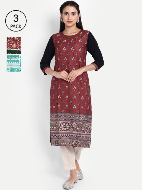 

Ethnic basket Women Pack Of 3 Printed Crepe Kurta, Maroon