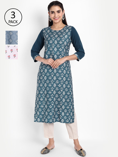 

Ethnic basket Women Pack of 3 Ethnic Motifs Printed Crepe Kurta, Grey