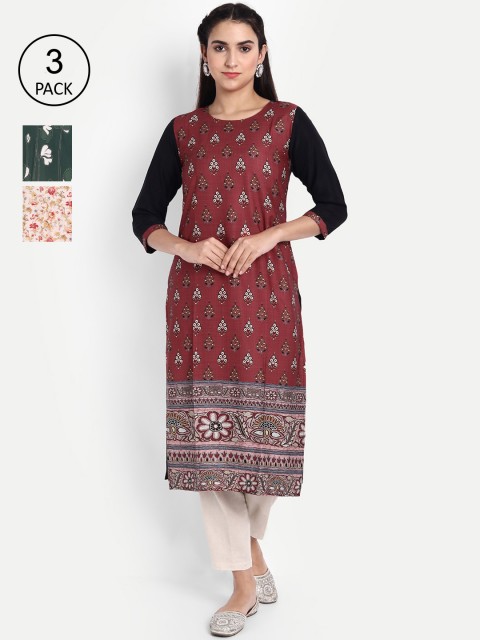 

Ethnic basket Women Pack of 3 Ethnic Motifs Embroidered Thread Work Floral Crepe Kurta, Multi