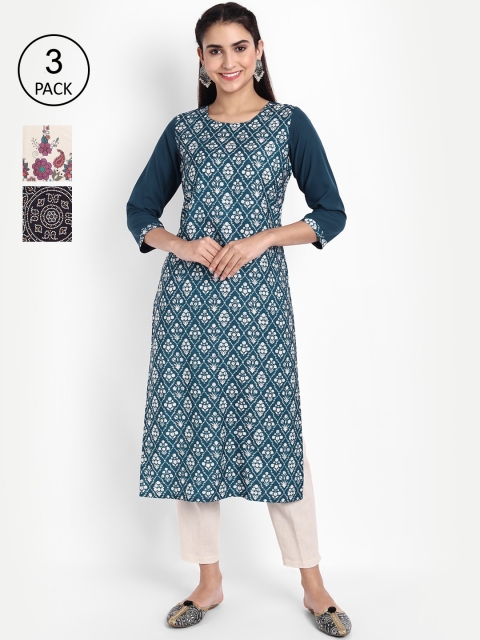 

Ethnic basket Women Pack Of 3 Printed Crepe Kurta, Black