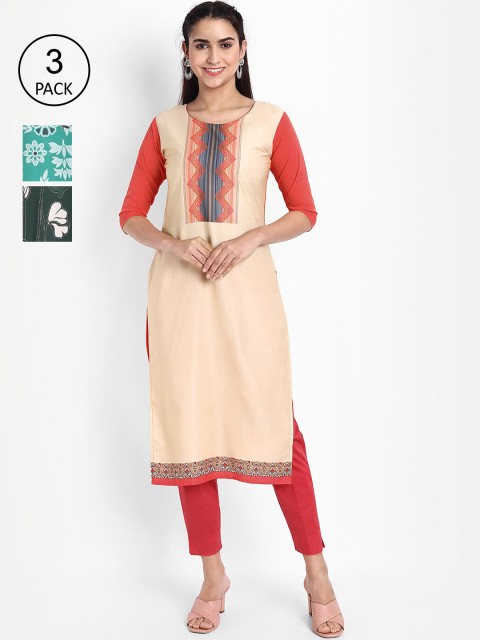 

Ethnic basket Women Pack of 3 Ethnic Motifs Printed Crepe Kurta, Peach