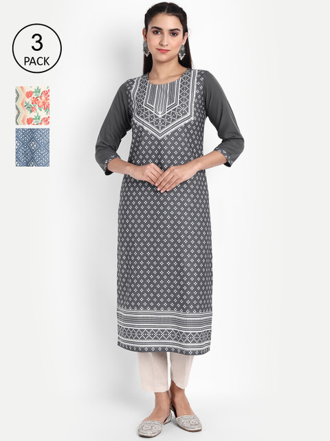 

Ethnic basket Women Multicoloured Geometric Printed Flared Sleeves Floral Crepe Kurta, Multi