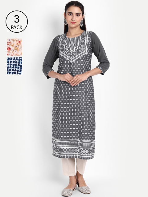 

Ethnic basket Women Pack of 3 Ethnic Motifs Printed Crepe Kurta, Grey