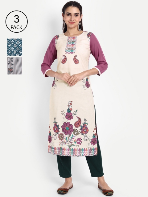 

Ethnic basket Women Pack of 3 Ethnic Motifs Printed Crepe Kurta, Beige