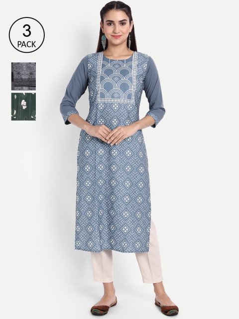 

Ethnic basket Women Pack of 3 Ethnic Motifs Printed Crepe Kurta, Grey