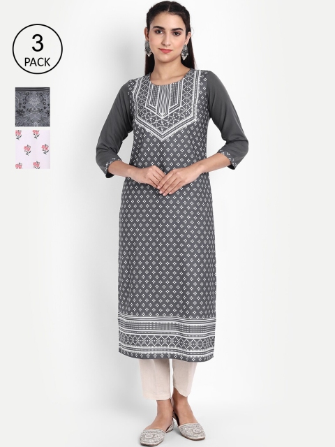 

Ethnic basket Women Pack Of 3 Printed Crepe Kurta, Grey