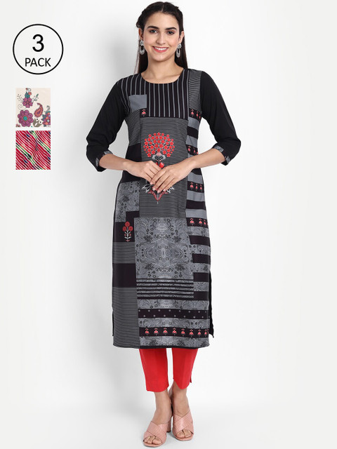 

Ethnic basket Women Pack of 3 Ethnic Motifs Printed Crepe Kurta, Black