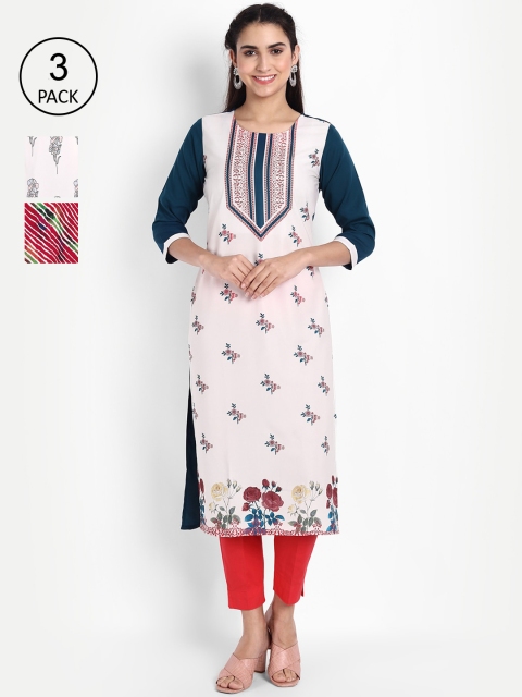 

Ethnic basket Women Pack Of 3 Printed Crepe Kurta, Off white