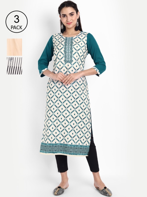 

Ethnic basket Women Pack Of 3 Printed Crepe Kurta, Off white