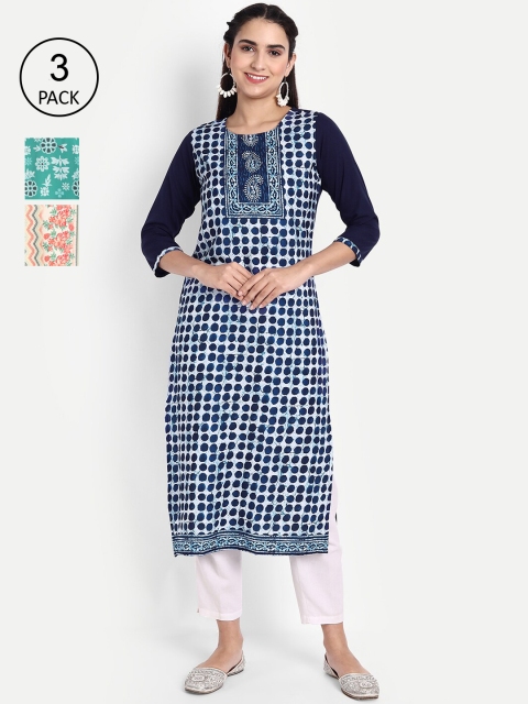 

Ethnic basket Women Pack Of 3 Printed Crepe Kurta, Blue