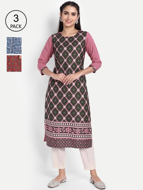 

Ethnic basket Women Pack of 3 Ethnic Motifs Printed Crepe Kurta, Green