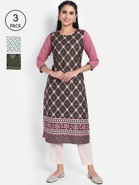 

Ethnic basket Women Pack of 3 Ethnic Motifs Printed Crepe Kurta, Mauve