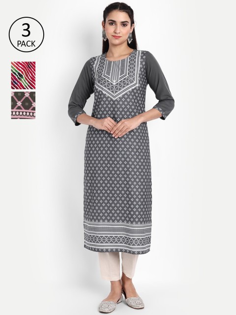 

Ethnic basket Women Pack Of 3 Printed Crepe Kurta, Grey