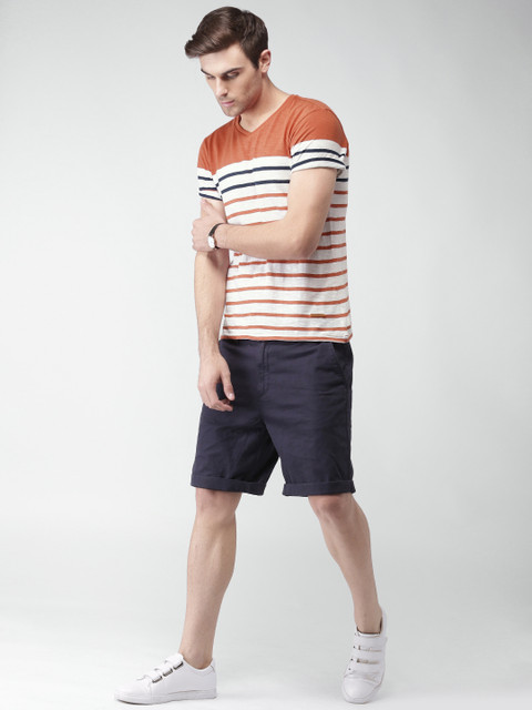 

Mast & Harbour Men Rust Orange & White Striped V-Neck T-shirt