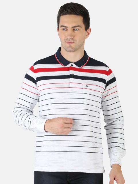 

Monte Carlo Men White & Navy Blue Striped Polo Collar Pockets T-shirt
