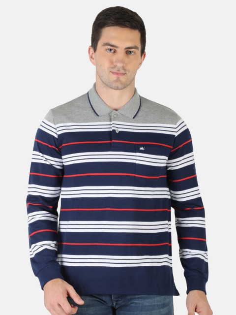 

Monte Carlo Men Navy Blue & Grey Striped Polo Collar Pockets T-shirt