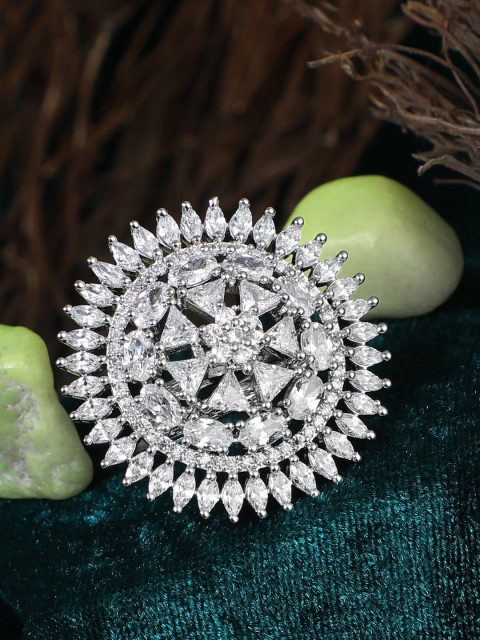 

Adwitiya Collection Rhodium-Plated Silver-Toned & White CZ-Studded Adjustable Ring