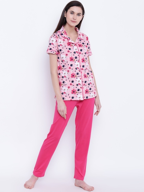 

Kanvin Women Pink & Navy Blue Printed Pure Cotton Night suit