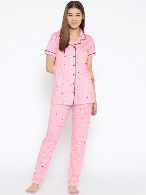 

Kanvin Women Pink & Red Printed Pure Cotton Night Suit