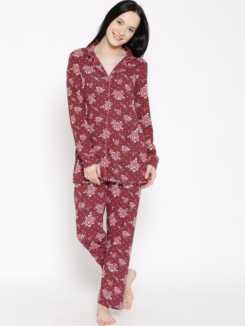

Kanvin Women Maroon & Pink Floral Printed Pure Cotton Night Suit