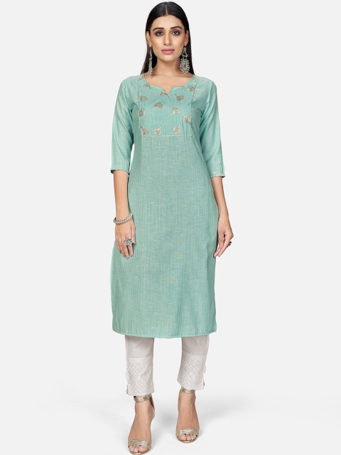 

Vbuyz Women Turquoise Blue Striped Embroidered Detail Kurta