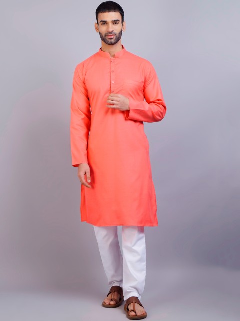 

GRACIT Men Orange & White Cotton Silk Kurta With Pyjamas
