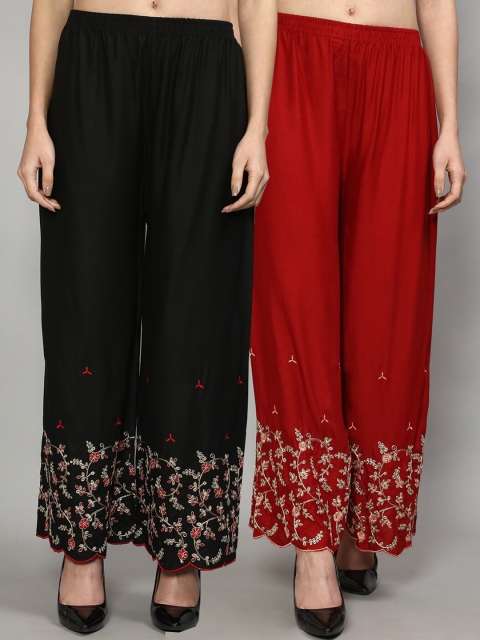 

Jinfo Women Black & Maroon Set Of 2 Floral Embroidered Flared Ethnic Palazzos