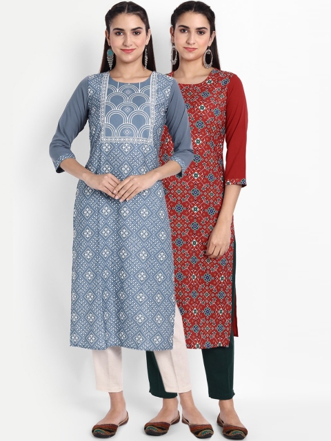 

Ethnic basket Women Pack Of 2 Blue & Maroon Ethnic Motifs Printed Kurta