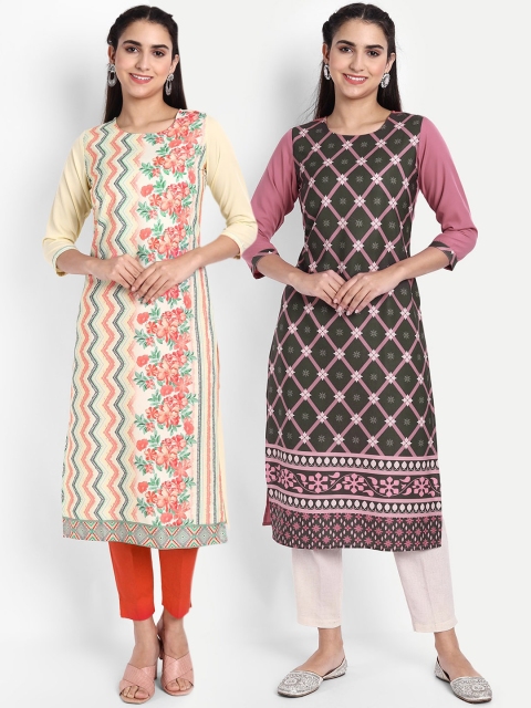 

Ethnic basket Women Multicoloured Printed Thread Work Floral Crepe Kurta, Multi