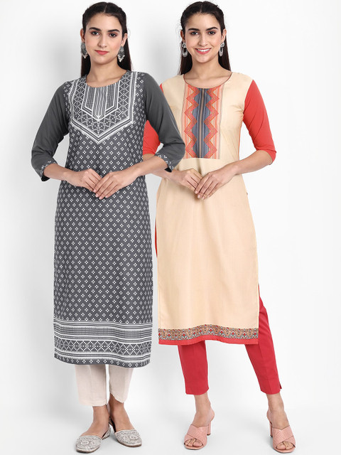 

Ethnic basket Women Set Of 2 Grey & Orange Geometric Printed Crepe Kurta