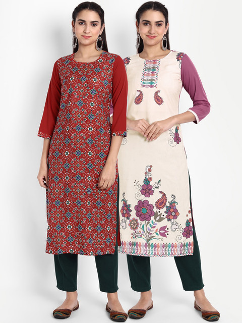 

Ethnic basket Women Multicoloured Floral Printed Thread Work Floral Crepe Kurta, Multi