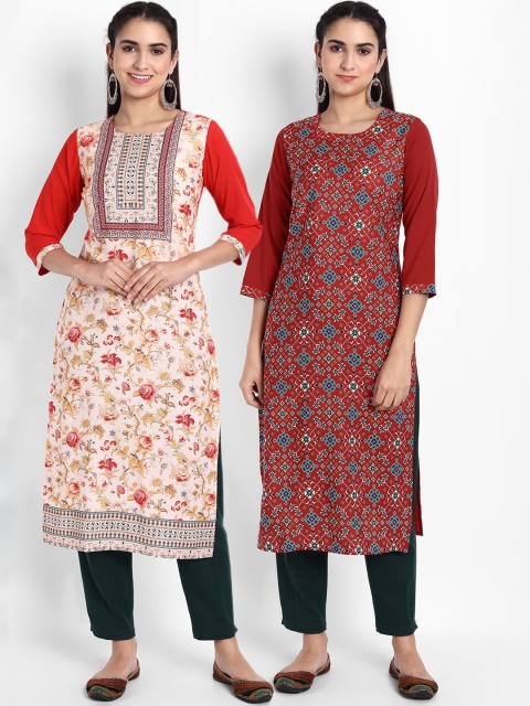 

Ethnic basket Women Pack of 2 Floral Printed Thread Work Floral Crepe Kurta, Multi