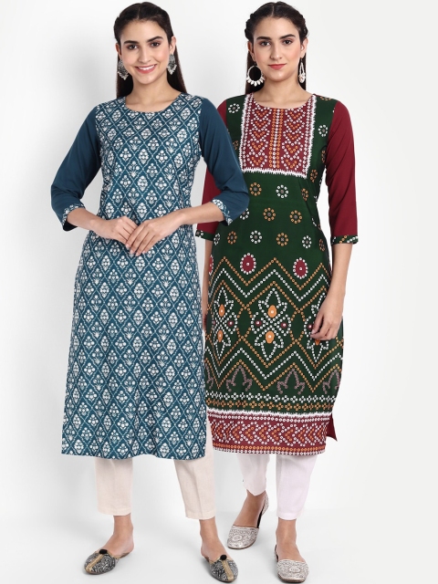 

Ethnic basket Women Pack Of 2 Bandhani Kurtas, Green