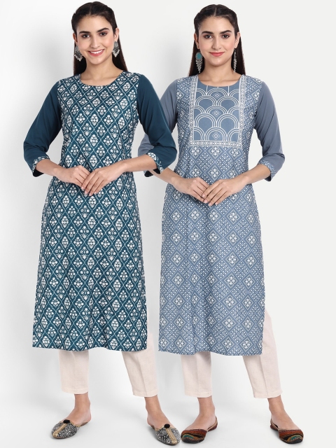 

Ethnic basket Women Pack Of 2 Printed Flared Sleeves Floral Crepe Kurta, Blue