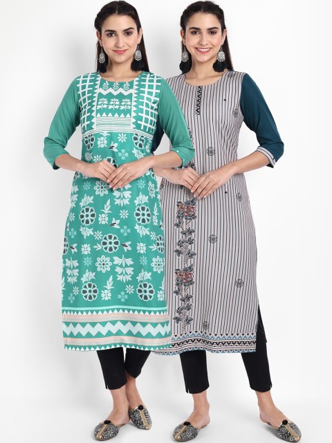 

Ethnic basket Women Pack of 2 Ethnic Motifs Printed Thread Work Floral Crepe Kurta, Multi