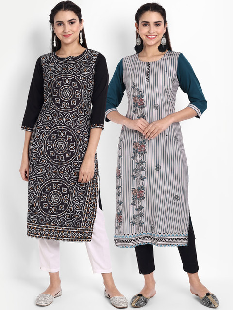 

Ethnic basket Women Pack Of 2 Black & Teal Blue Digital Printed Crepe Kurta