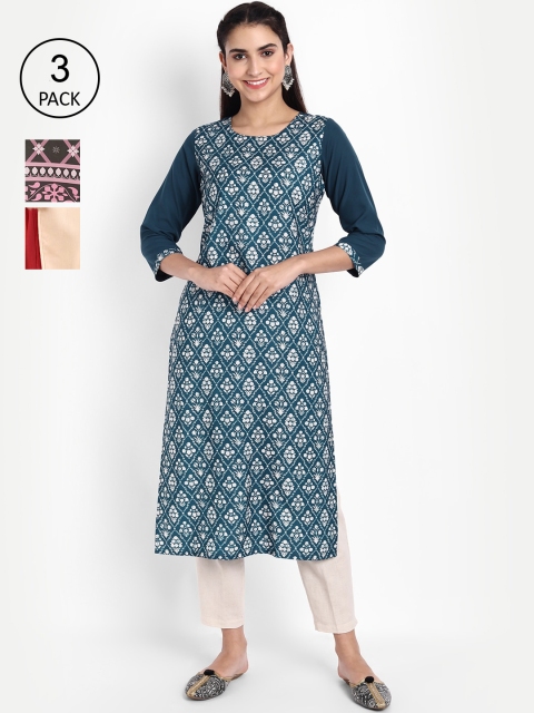 

Ethnic basket Women Pack of 3 Printed Thread Work Floral Crepe Kurta, Multi