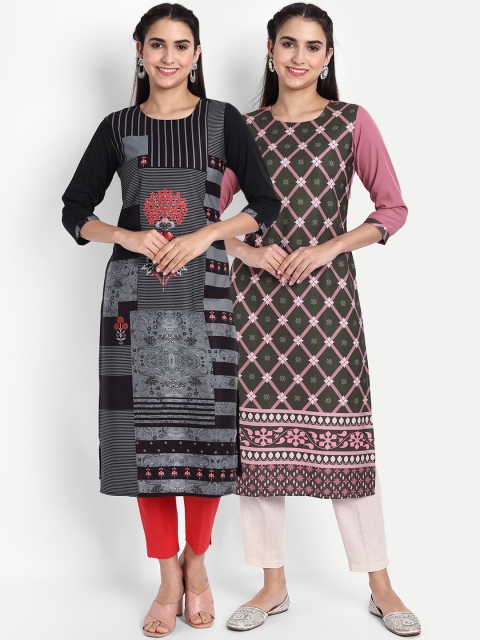 

Ethnic basket Women Pack of 2 Ethnic Motifs Printed Crepe Kurta, Black