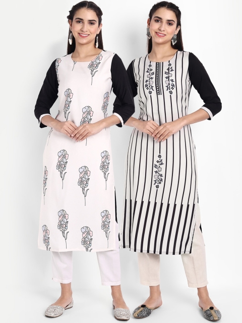 

Ethnic basket Women Pack Of 2 Floral Printed Floral Crepe Kurta, White
