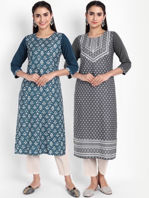 

Ethnic basket Women Pack Of 2 Floral Printed Crepe Kurta, Blue