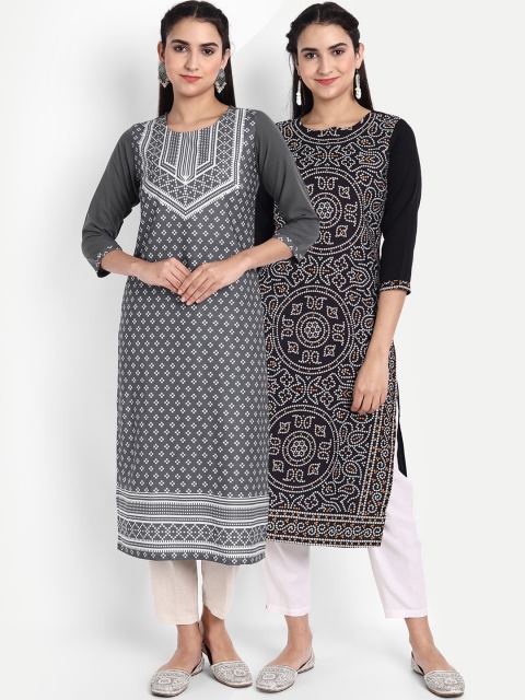 

Ethnic basket Women Pack of 2 Geometric Printed Thread Work Floral Crepe Kurta, Multi