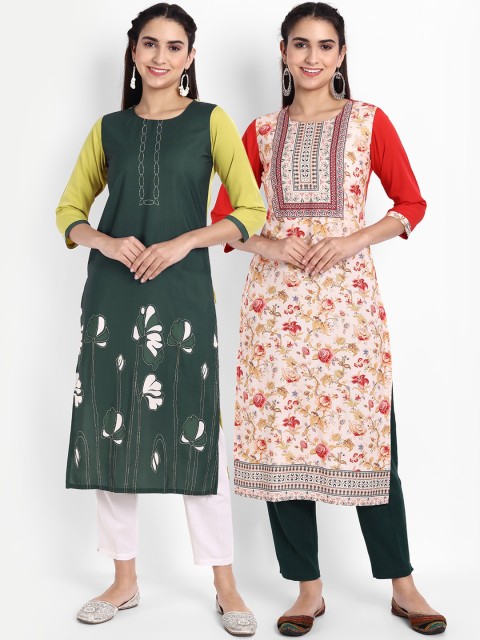 

Ethnic basket Women Pack Of 2 Floral Printed Floral Crepe Kurta, Green