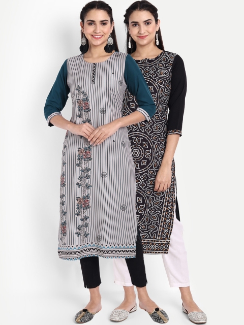 

Ethnic basket Women Multicoloured Geometric Printed Thread Work Floral Crepe Kurta, Multi