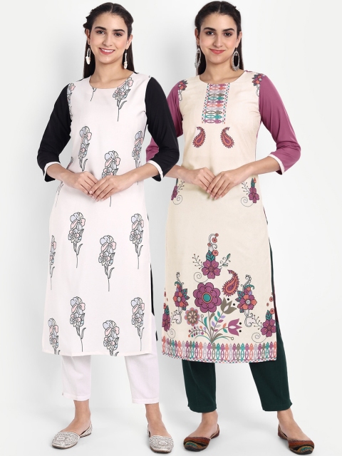 

Ethnic basket Women Pack Of 2 Floral Printed Floral Crepe Kurta, White