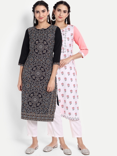 Ethnic basket Women Pack of 2 Geometric Printed Thread Work Floral Crepe Kurta, Multi