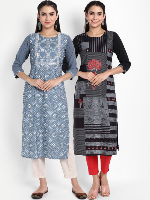 

Ethnic basket Women Multicoloured Geometric Printed Thread Work Floral Crepe Kurta, Multi