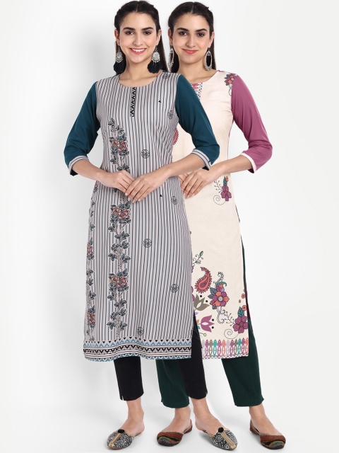 

Ethnic basket Women Pack of 2 Ethnic Motifs Printed Crepe Kurta, Teal