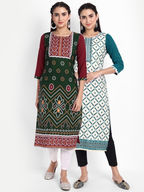 

Ethnic basket Women Pack Of 2 Printed Crepe Kurta, Green